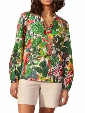 Boden Tropical Leaf & Parrot V-Neck Blouse - Green, Pink, Yellow - Size 16/18